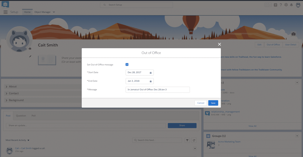 Out of office feature in Salesforce Chatter