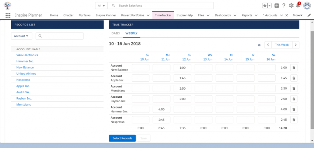 Time Tracking in Inspire Planner, a Salesforce project management tool - 