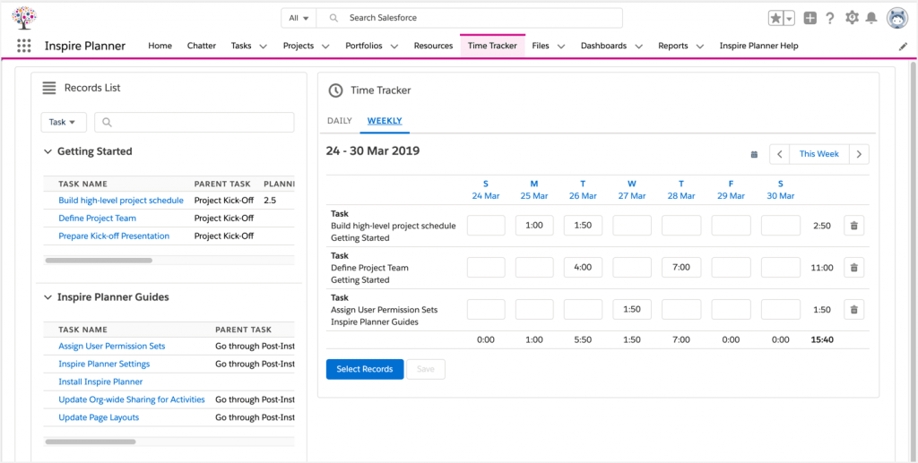 Time Tracking component in Inspire Planner, Salesforce project management app