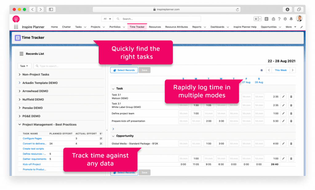 Time Tracking in Inspire Planner, a Salesforce project management app