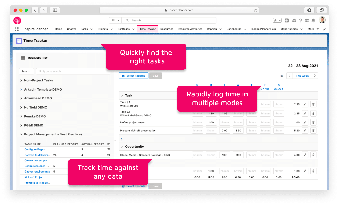 Time Tracking in Inspire Planner Salesforce project management app