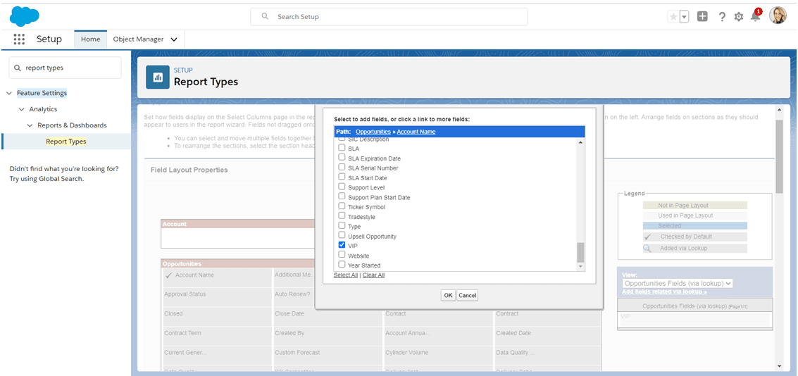 selecting account fields on Salesforce Custom Report Type