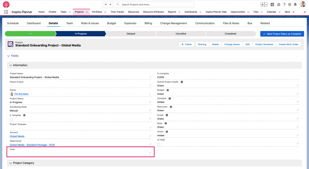 Relate Salesforce Case to a project in Inspire Planner, a Salesforce native project management app