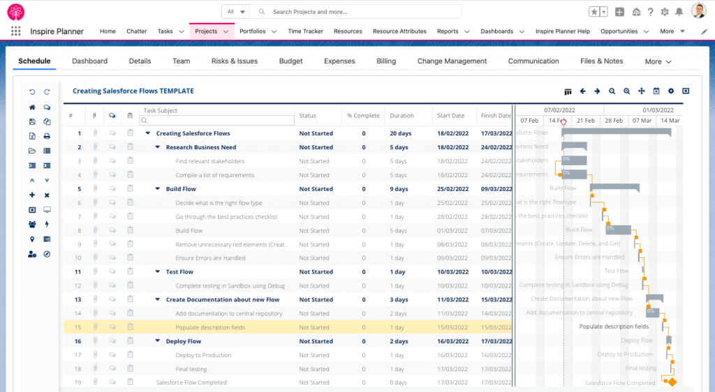 Salesforce Flow Template in Inspire Planner, a Salesforce native project management app