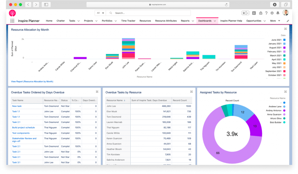 Salesforce reports and dashboards for remote project teams by Inspire Planner, a Salesforce native project management team