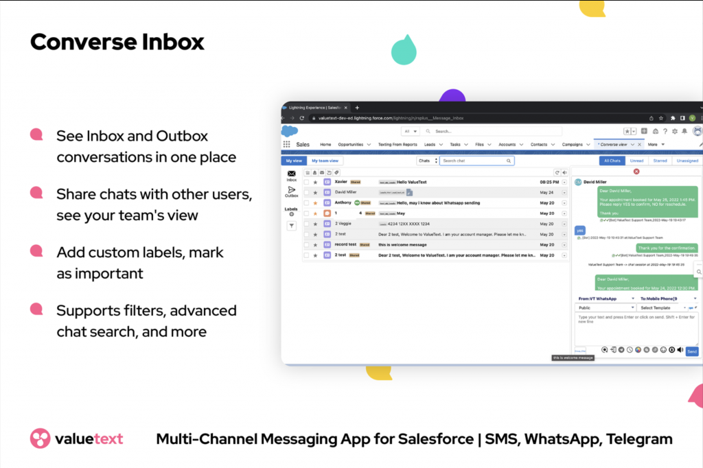 Converse Inbox feature in ValueText, Salesforce and WhatsApp integration