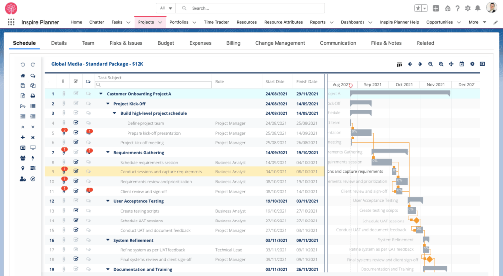 Waterfall project management in Inspire Planner, the best Salesforce project management apps
