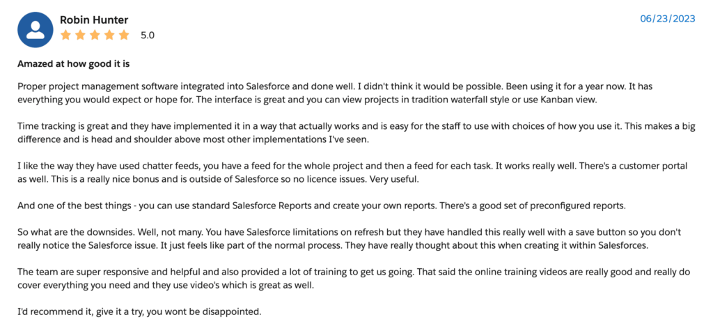 Customer Review of Inspire Planner, best project management app for Salesforce