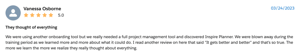 Customer Review of Inspire Planner, best project management app for Salesforce