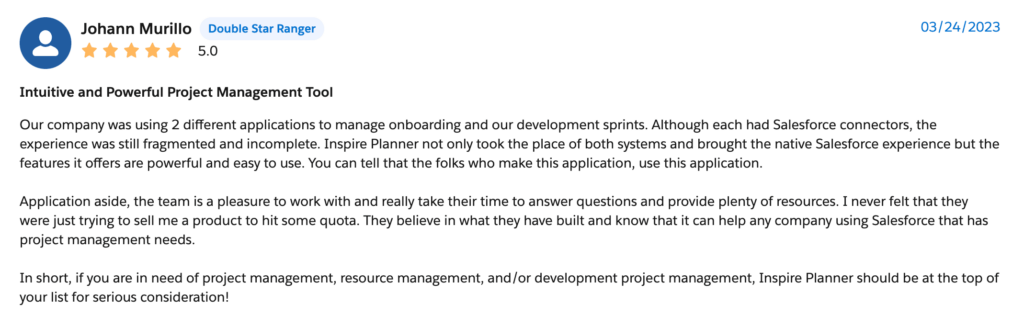 Customer Review of Inspire Planner, best project management app for Salesforce