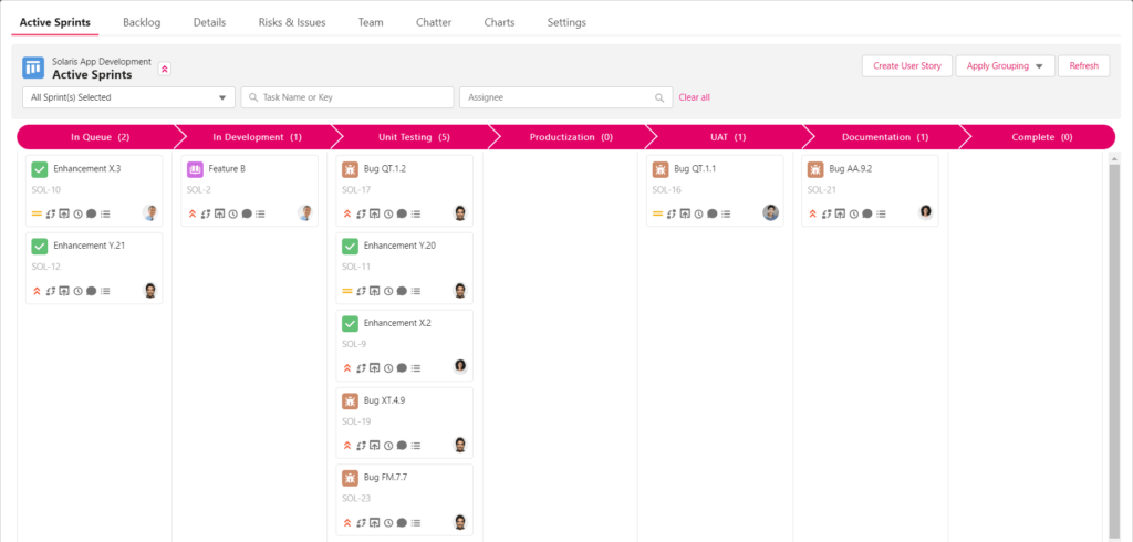 Kanban board in Inspire Planner, a Salesforce native project management tool