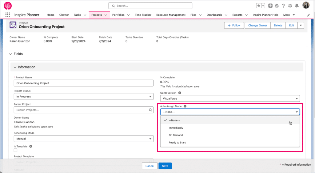 Task assignment mode in Inspire Planner (a Salesforce native project management app)