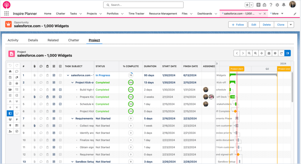 Gantt chart on an Opportunity record by Inspire Planner, a Salesforce native project management tool that is perfect for customer onboarding projects