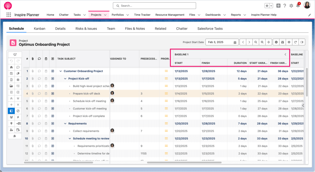 Project Baselines in Inspire Planner, Salesforce Customer Onboarding App