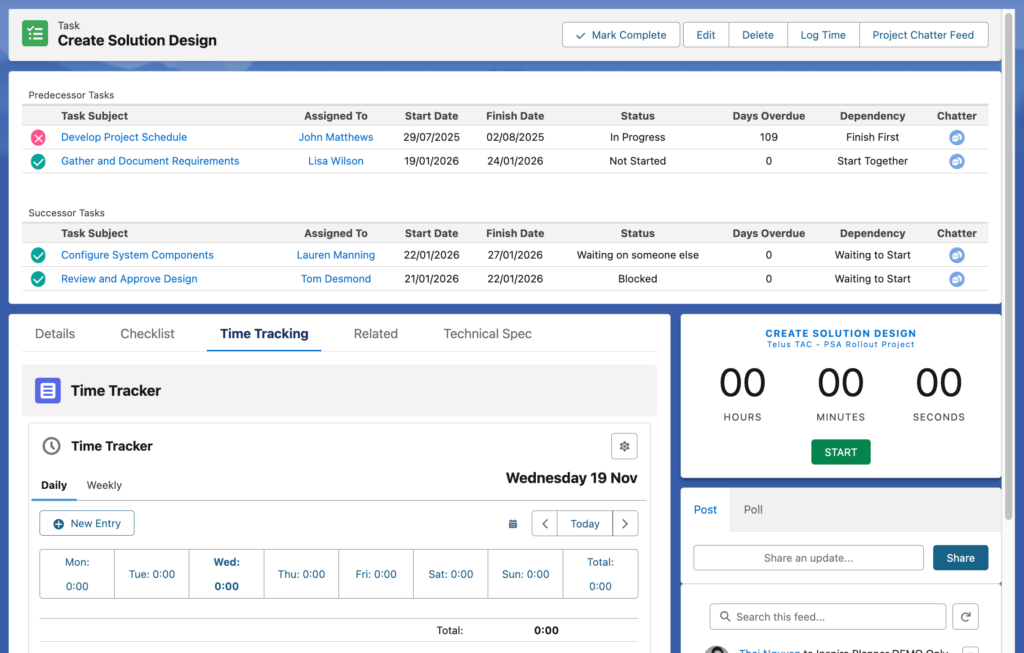 Time Tracker and Stopwatch components on a Salesforce Task in Inspire Planner, a Salesforce native project management app