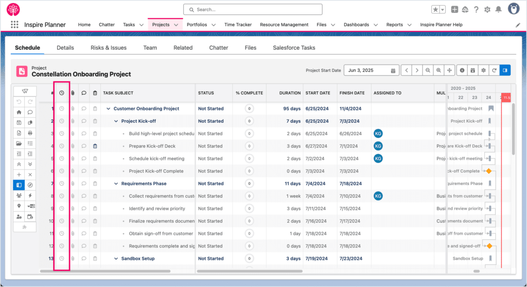 Time Tracking icon within Gantt Chart in Inspire Planner, a Salesforce native project management app