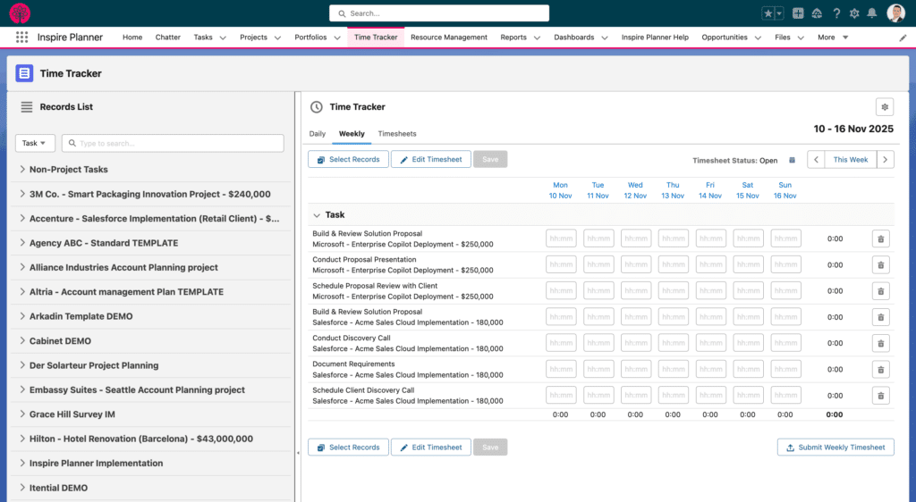 Weekly View and Timesheets in Inspire Planner, a Salesforce native project management app